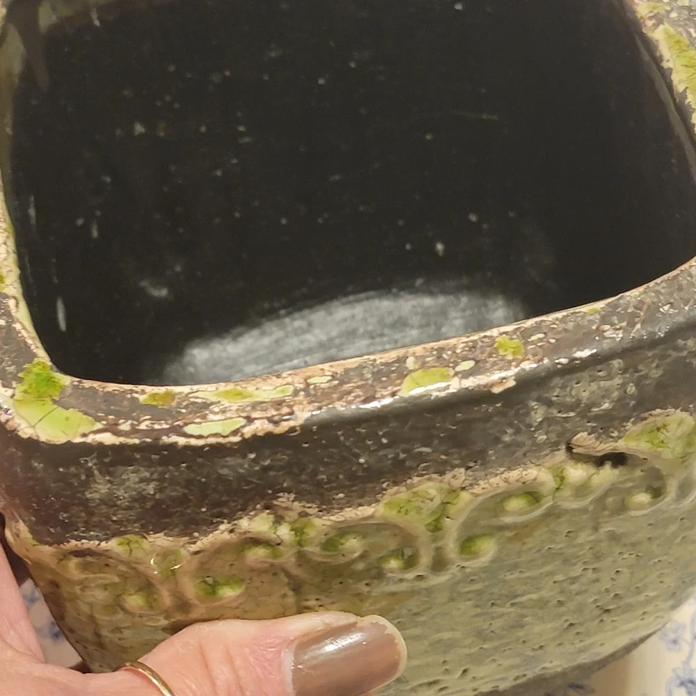 MCM Brown Green Chippy Crackle Pottery 5x5 Hand Thrown Artisian Planter Vase